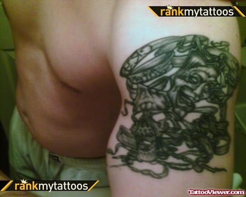Grey Ink Gemini Tattoo On Man Left Shoulder