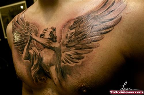 Grey Ink Gemini Tattoo On Man Chest