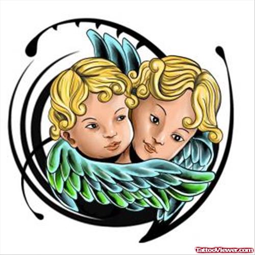 Colored Cherun Angels Gemini Tattoo Design