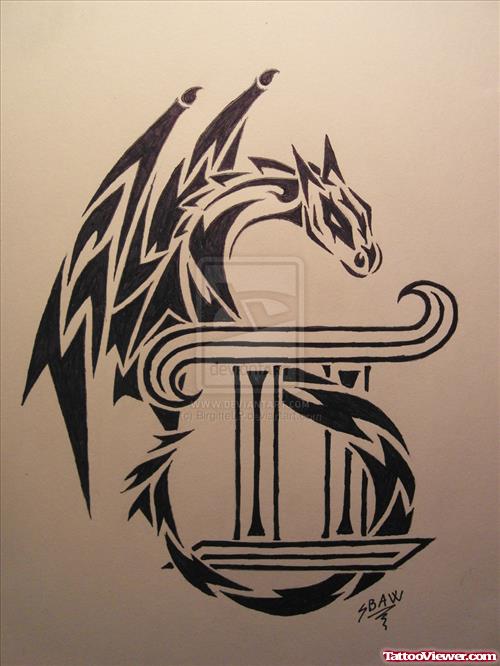 Black Ink Tribal Dragon And Gemini Tattoo Design