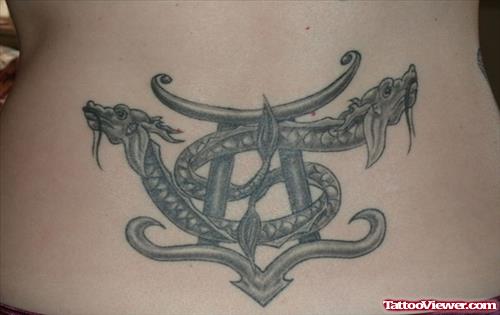 Awesome Grey Ink Gemini Tattoo On Lowerback