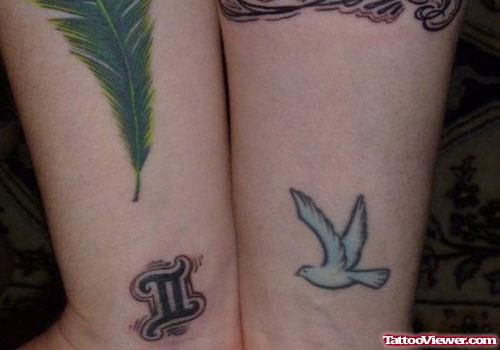 Flying Dove And Gemini Tattoo On Wrists