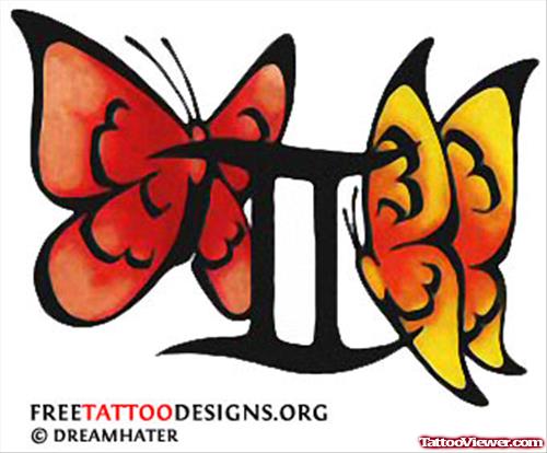Colored Butterflies And Gemini Tattoo Design
