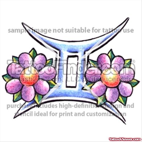 Color Flowers And Gemini Zodiac Tattoo Design