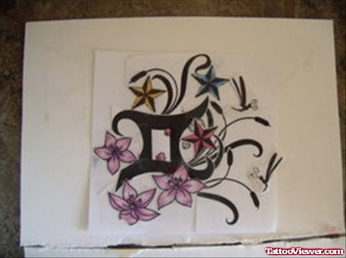 Color Flowers and Gemini Tattoo Design