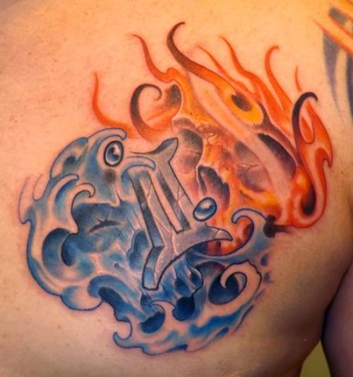 Flaming Gemini Zodiac Sign Tattoo On Back