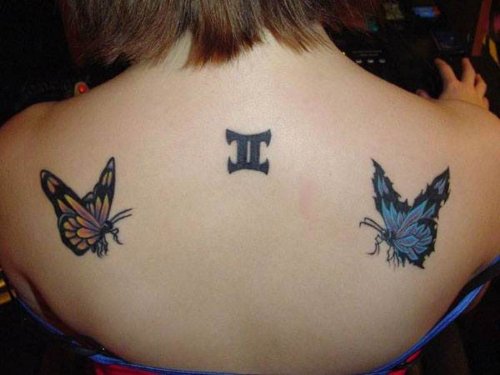 Flying Butterflies And Gemini Tattoo On Back