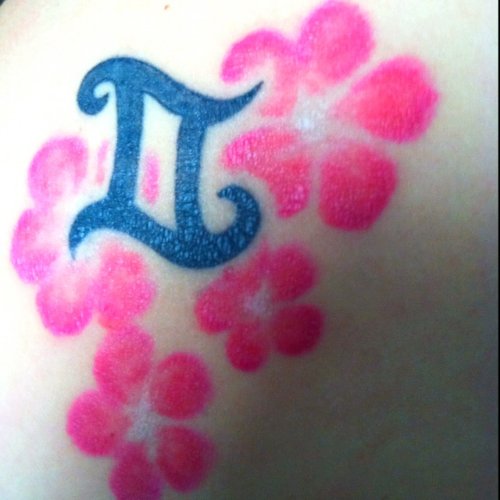 Pink Flowers and Gemini Zodiac Tattoo