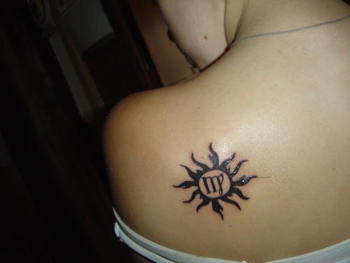 Tribal Sun and Gemini Tattoo On Left Back Shoulder