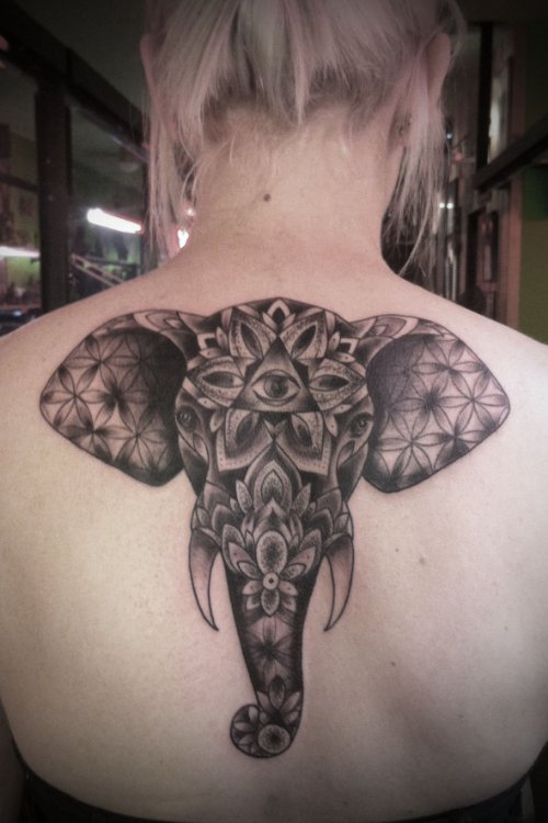 Geometric Elephant Tattoo On Upperback