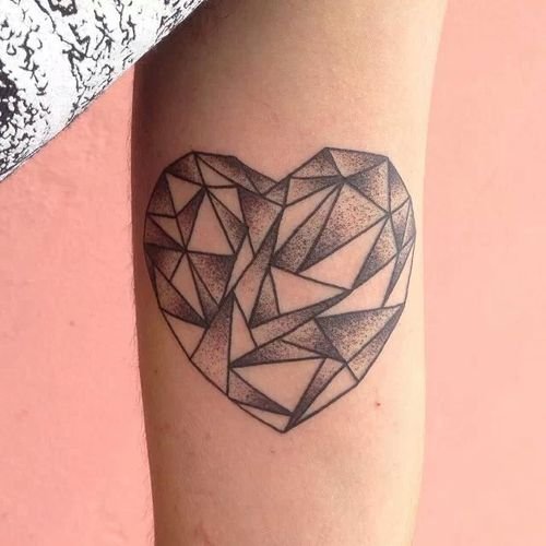 Grey Ink Geometric Heart Tattoo On Bicep
