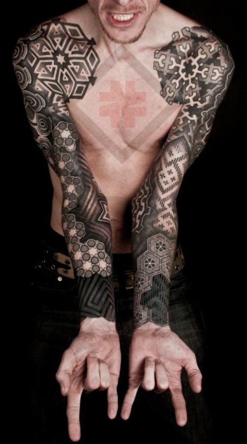 Grey Ink Black Geometric Tattoos On Both Sleeves