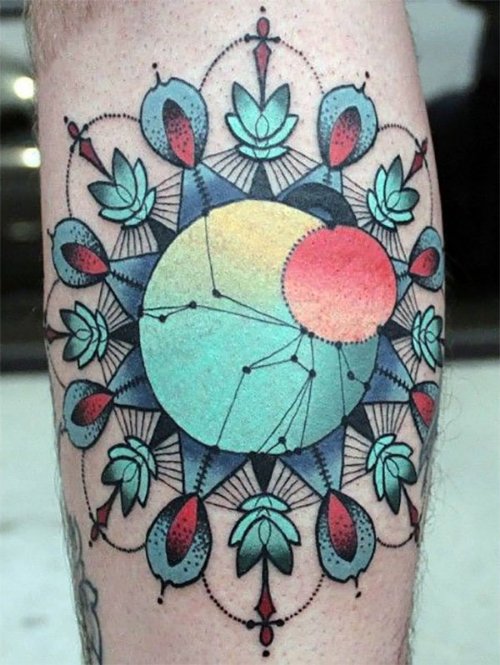 Colored Geometric Tattoo On Leg