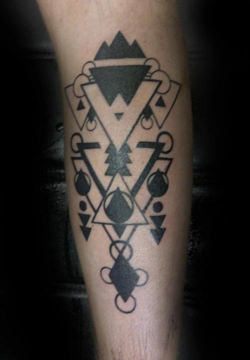 Black Ink Geometric Tattoo On Leg