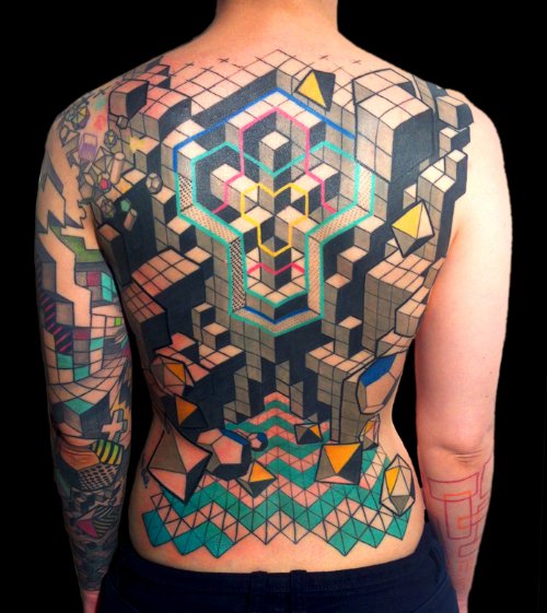 Colored Geometric Tattoo On Back Body