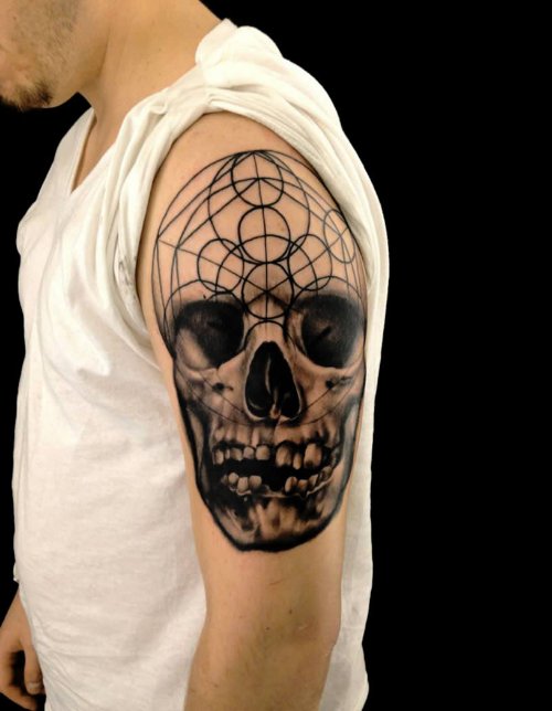 Geometric Skull Tattoo On Left Half Sleeve