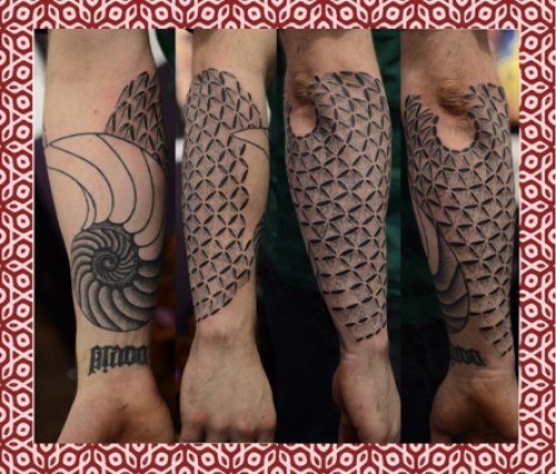 Awesome Grey Ink Geometric Tattoo On Full Sleeve