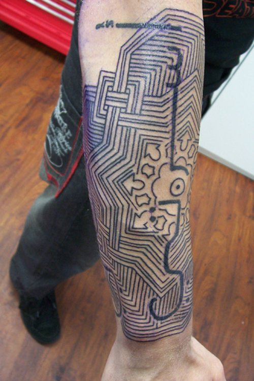 Grey Ink Geometric Tattoo On Man Right Sleeve