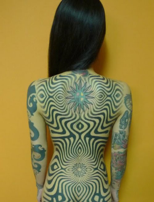 Geometric Tribal Tattoo On Girl Full Back