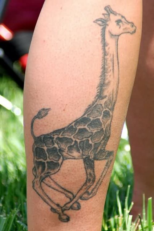 Grey Ink Giraffe Tattoo On Right Leg