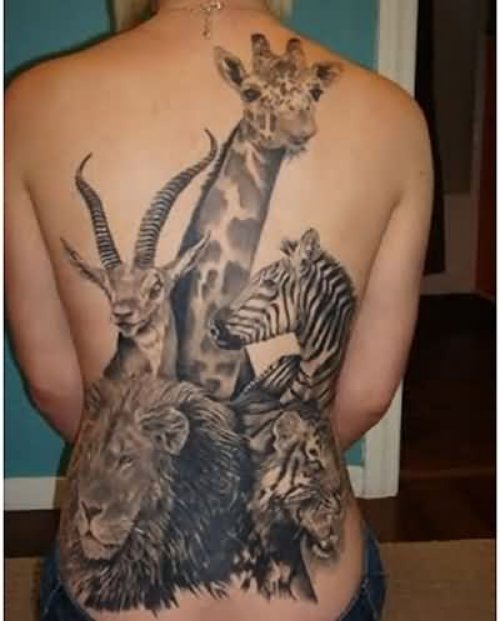 Grey Ink Wild Animals And Giraffe Tattoo On Back