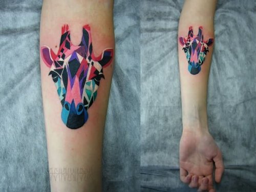 Water Color Giraffe Tattoo On Left Wrist