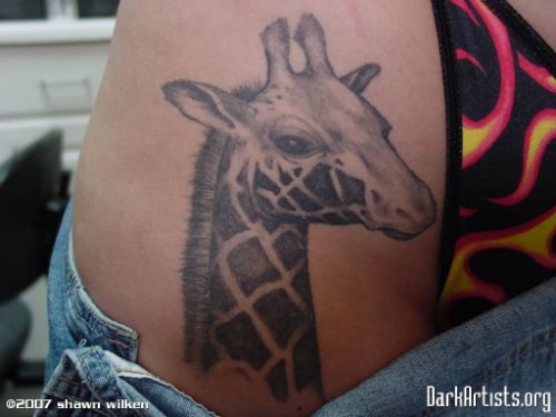 Grey Ink Giraffe Tattoo On Leg