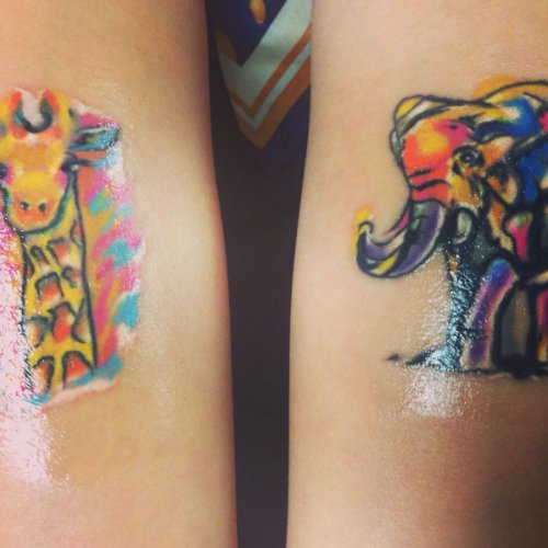 Water Color Elephant And Giraffe Tattoo