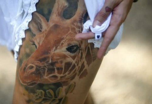 Left Leg Giraffe Head Tattoo