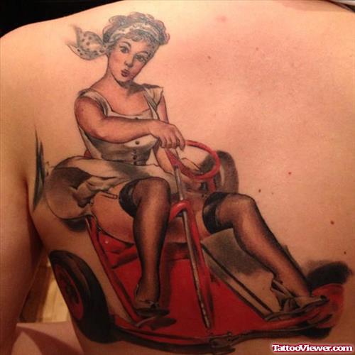 Vintage Go Kart Pin Up Girl Tattoo On Back