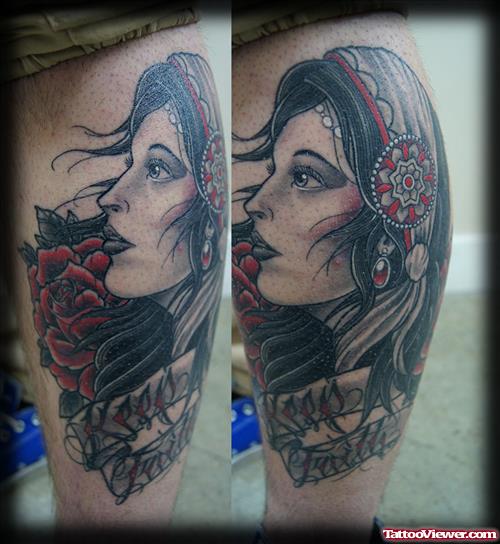 Attractive Traditional Gypsy Girl Tattoo Design