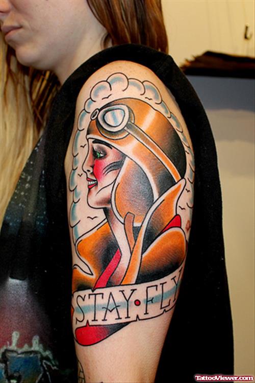 Stay Fly Pilot Girl Tattoo On Shoulder