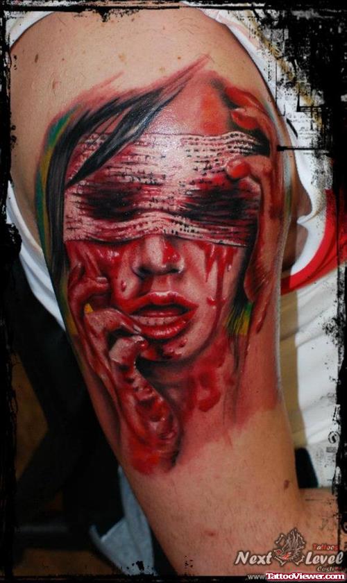 Bloody Dead Eye Girl Tattoo On Shoulder
