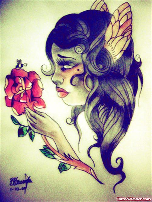 Gypsy Girl With Red Flower Tattoo Design