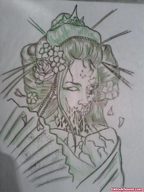 Dead Japanese Geisha Girl Tattoo Sketch