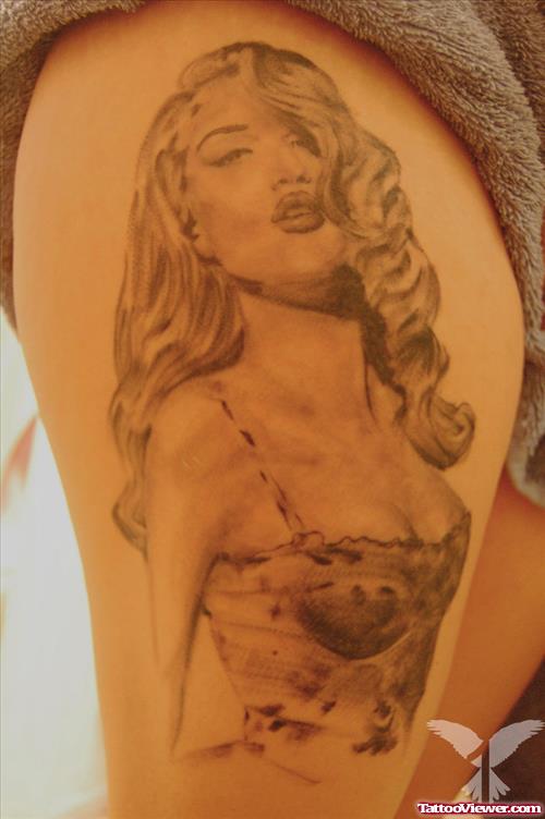 Pin Up Girl Tattoo On Thigh