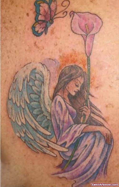 Sitting Angel Girl & Butterfly Tattoo