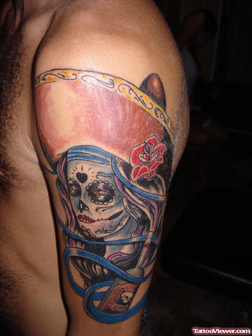 Day Of The Dead Girl Tattoo On Left Shoulder