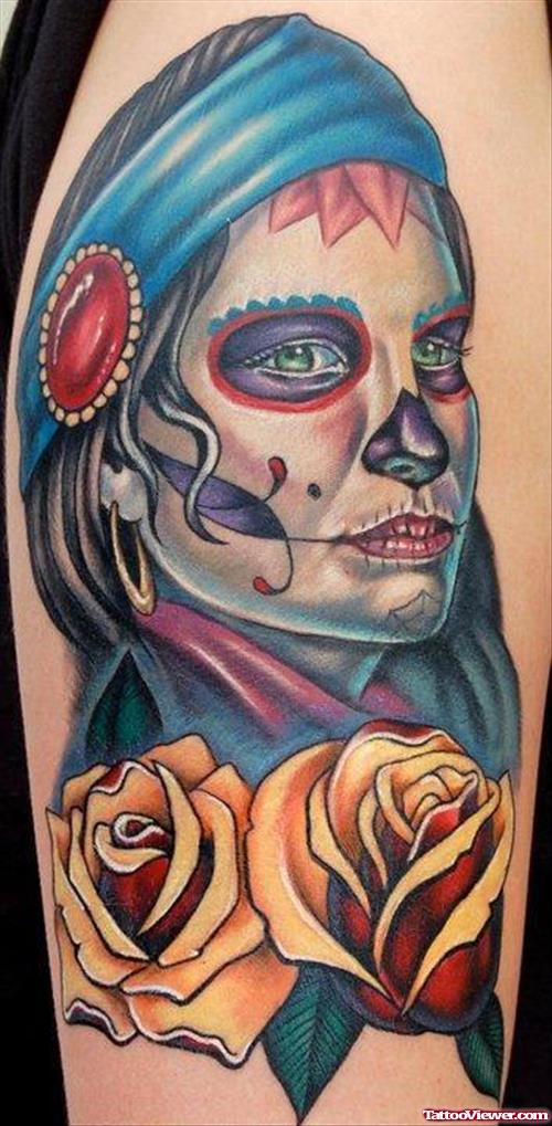 Gypsy Sugar Skull Girl Tattoo Design