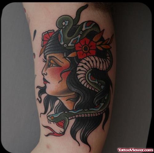 Girl With Snake On Head Traditional Tattoo
