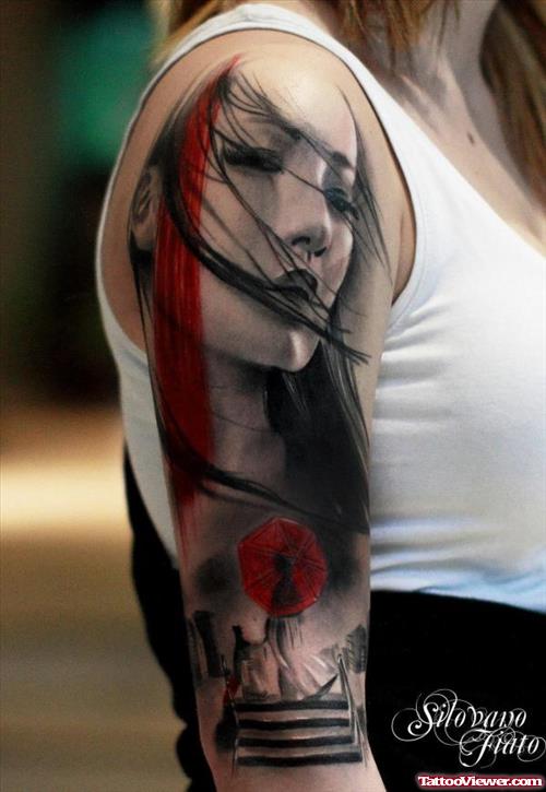 Jjapanese Girl Tattoo On Half Sleeve