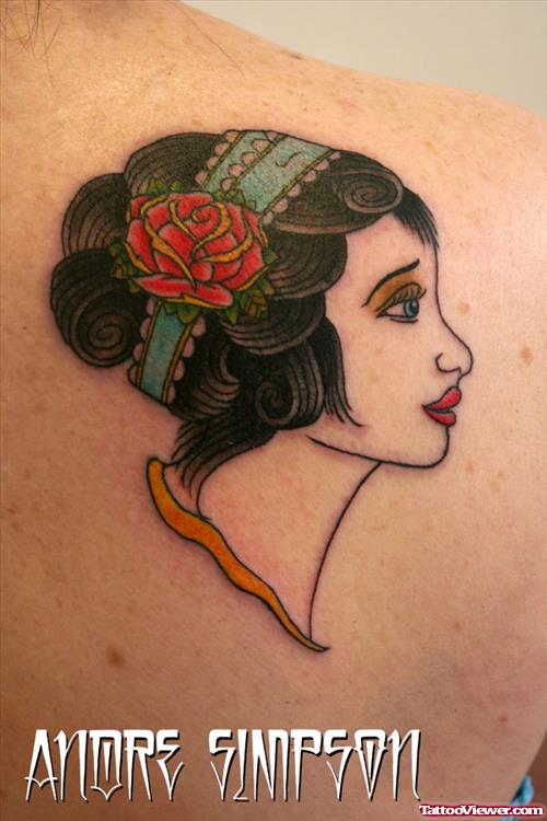 Gypsy Girl n Rose Tattoo On Back Of Shoulder