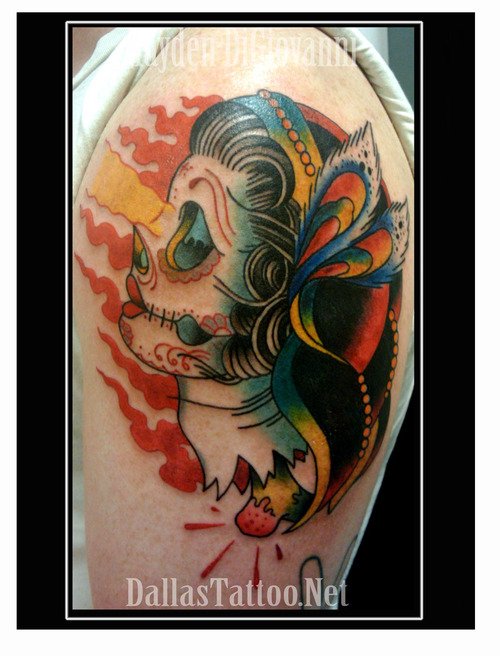 Traditional Girl Gypsy Skull Sugar Blood Tattoo Design