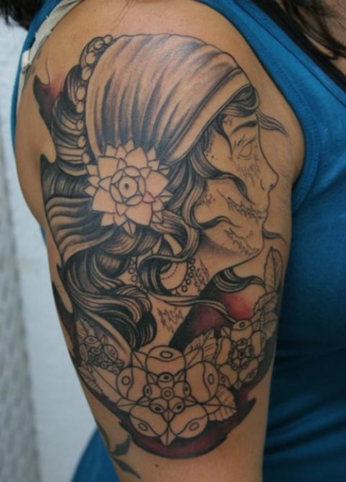 Attractive Gypsy Girl Tattoo On Right Shoulder