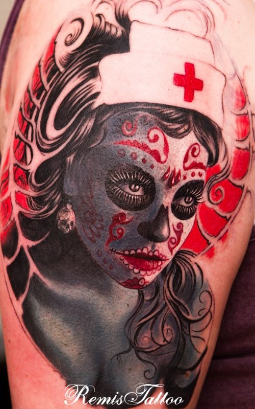 Color Day Of The Dead Sugar Girl Tattoo Design
