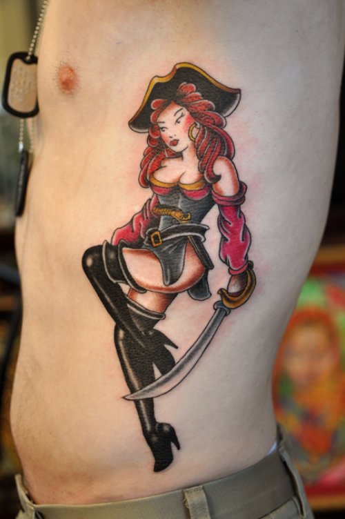 Pirate Pin Up Girl Tattoo On Rib Side