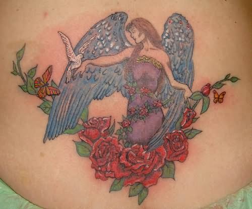 Angel Girl With Bird & Red Roses Tattoo Design