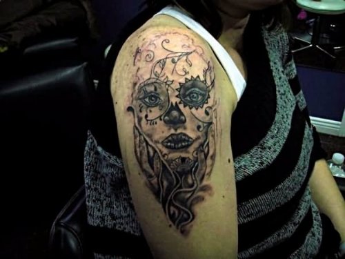 Evil Girl Tattoo On Right Shoulder