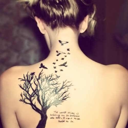 Birds Flying From Tree Tattoo On Back