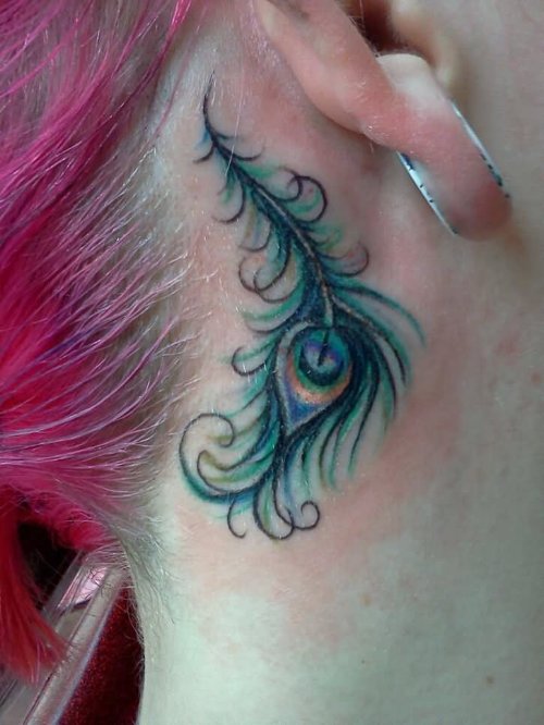 Peacock Feather Tattoo On Girl Ear